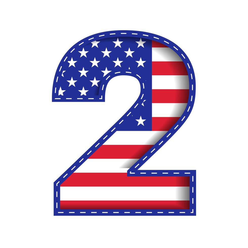 2 numerisch zahl zeichen buchstabe usa unabhängigkeit gedenktag vereinigte staaten von amerika zeichen schriftart blau navy rot stern streifen nationalflagge weißer hintergrund 3d papierausschnitt vektorillustration vektor