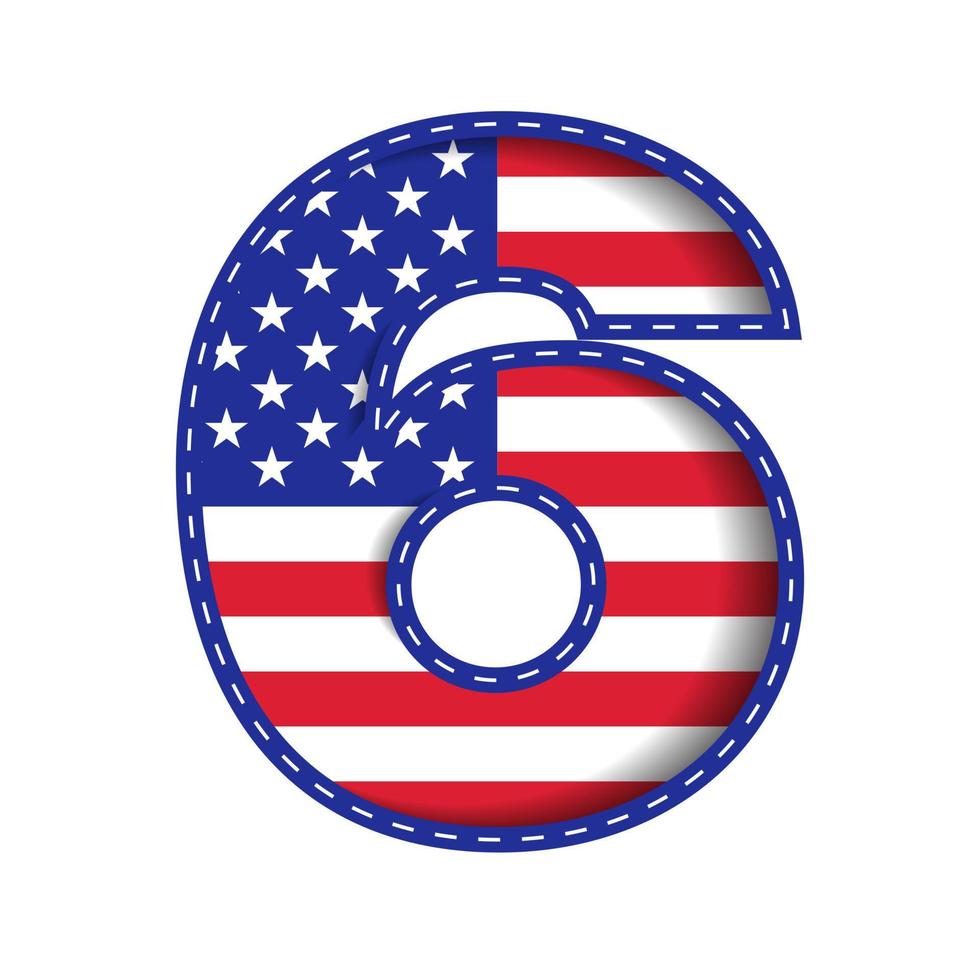 6 numeriskt nummer tecken bokstav usa självständighetsminnesdagen Amerikas förenta stater teckensnitt blå marin röd stjärna ränder nationalflagga vit bakgrund 3d pappersutklipp vektorillustration vektor