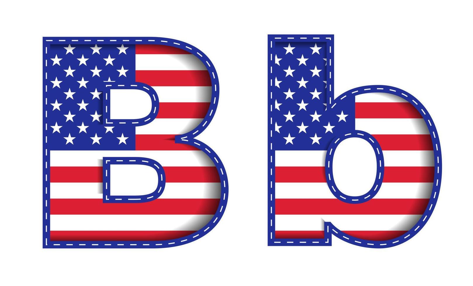 b alphabet großbuchstabe kleinbuchstabe usa unabhängigkeit gedenktag vereinigte staaten von amerika zeichen schriftart blau marine rot stern streifen nationalflagge weißer hintergrund 3d papierausschnitt vektorillustration vektor