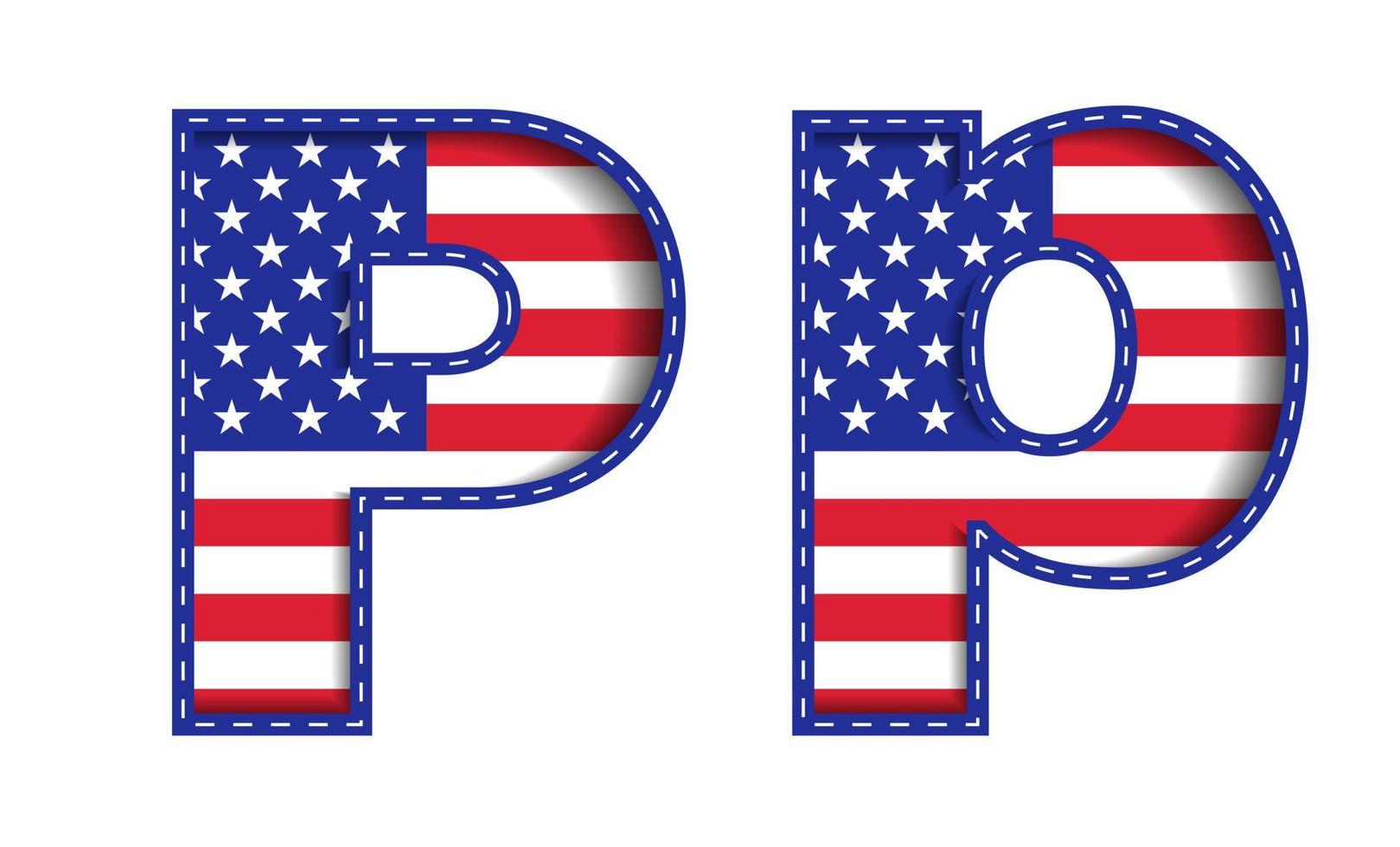 p alphabet großbuchstabe kleinbuchstabe usa unabhängigkeit gedenktag vereinigte staaten von amerika zeichen schriftart blau marine rot stern streifen nationalflagge weißer hintergrund 3d papierausschnitt vektorillustration vektor