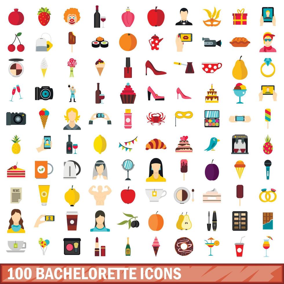 100 Bachelorette-Icons gesetzt, flacher Stil vektor