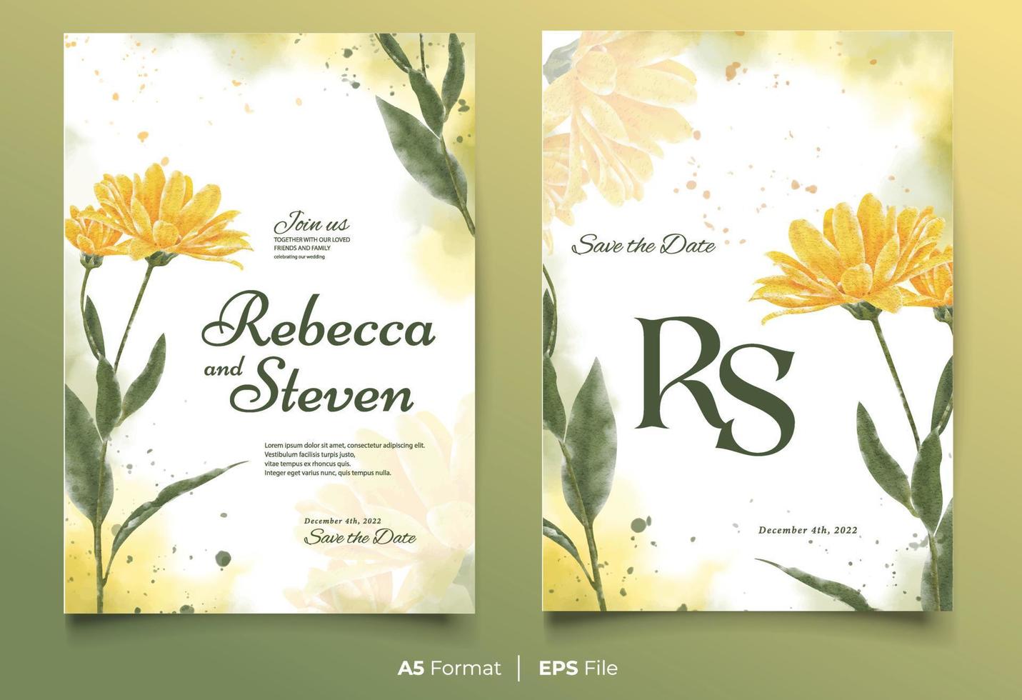 akvarell bröllopsinbjudan mall med gula och gröna blommor prydnad vektor