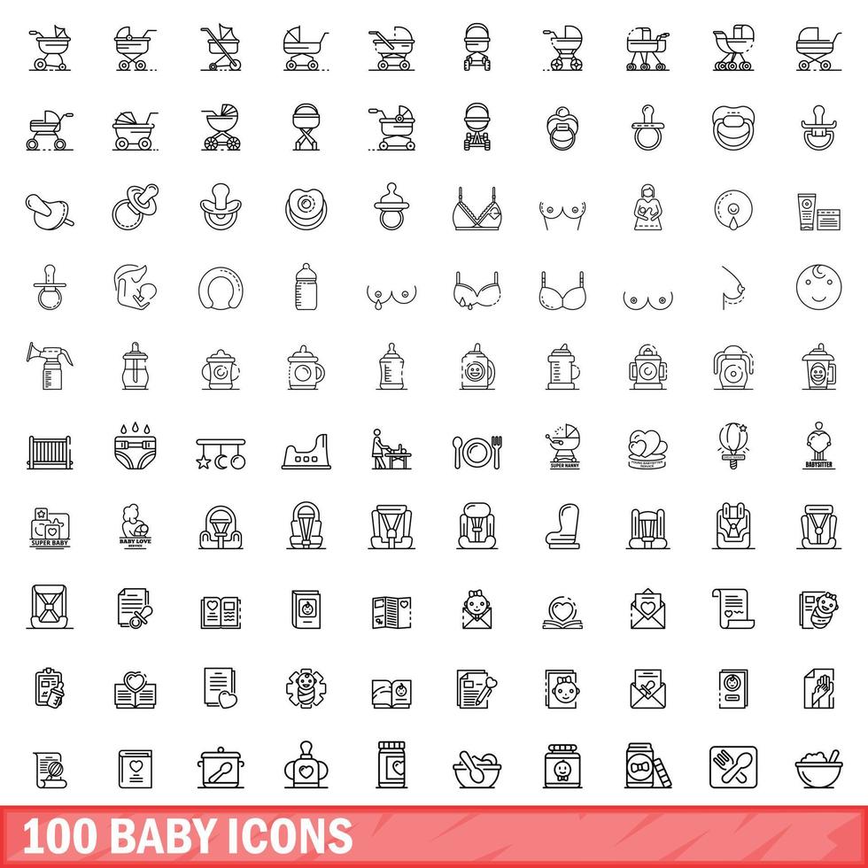 100 baby ikoner set, kontur stil vektor