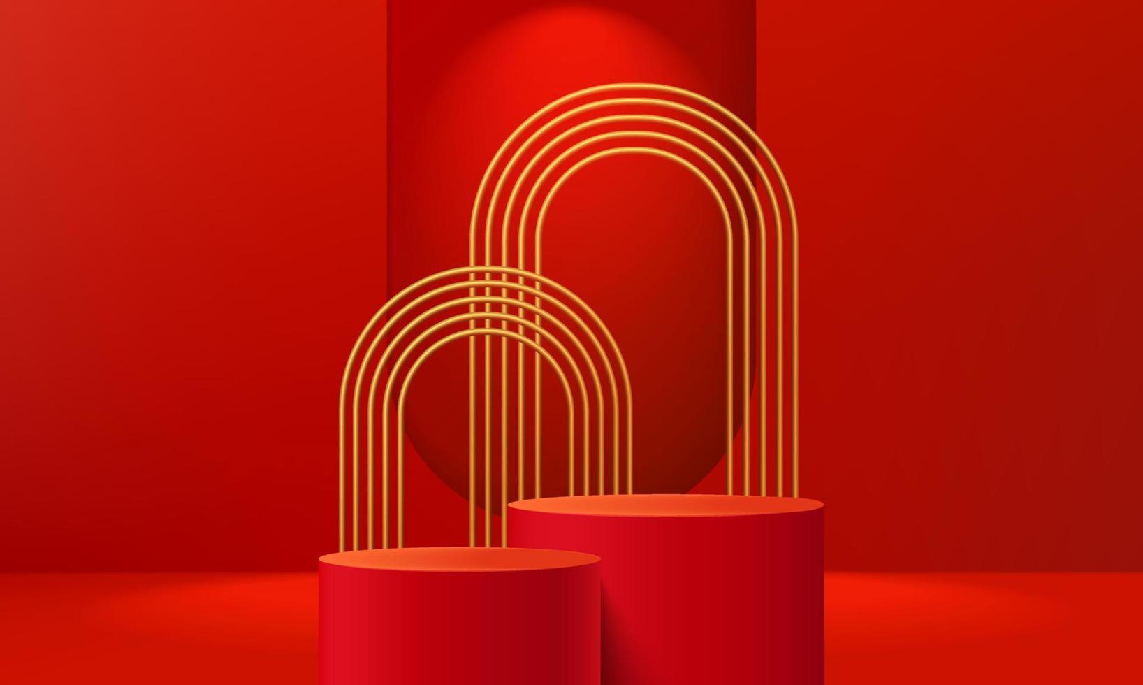 realistiskt rött, 3d-ställ med gyllene bågscen. scen showcase, marknadsföring produkt display. vektor abstrakt rum, geometriska former.