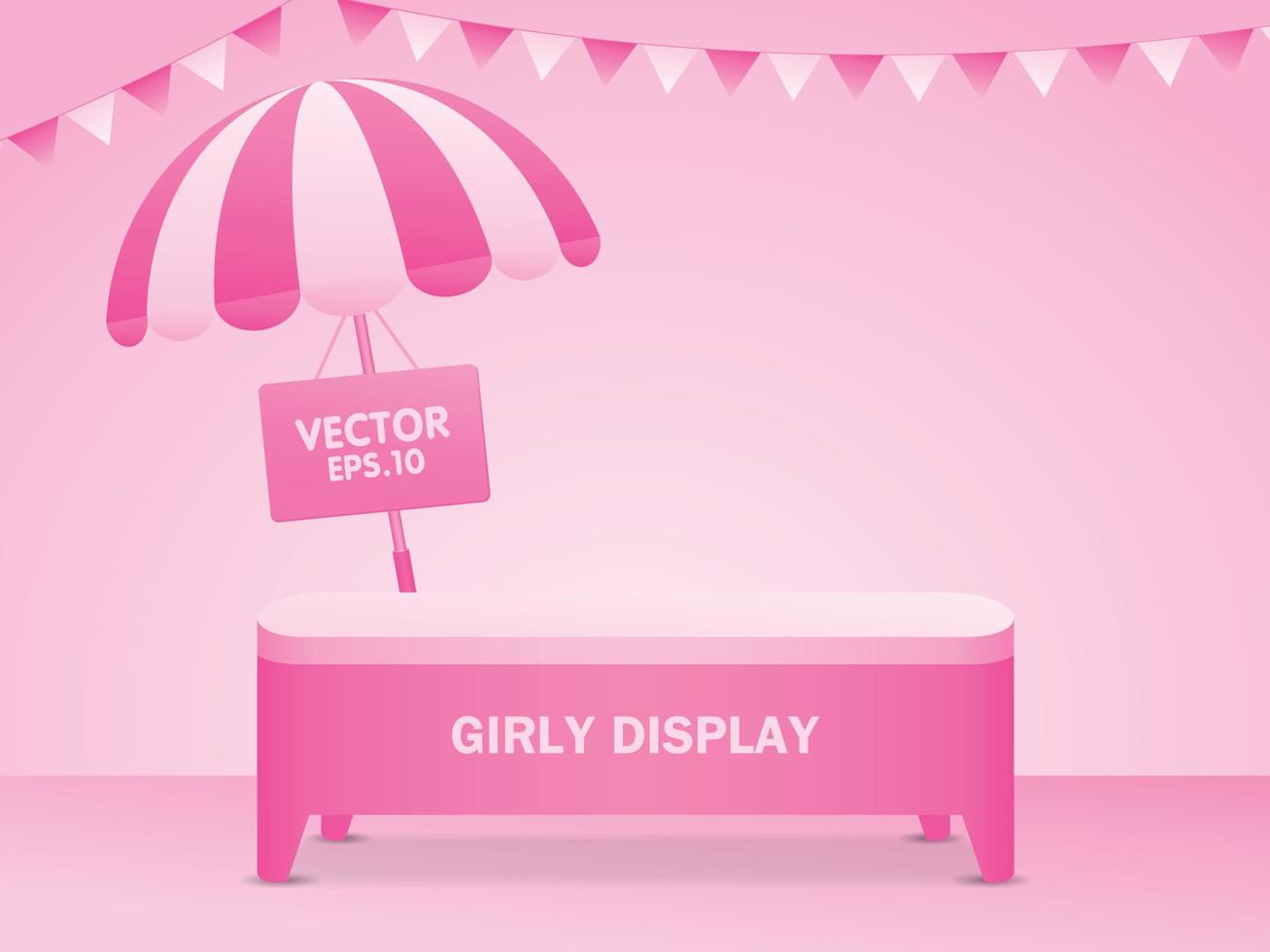 pastellrosa Hintergrund und niedlicher rosa Tisch zum Aufstellen Ihres Objekts mit gestreiftem Regenschirm und dreieckiger Schienenflagge vektor