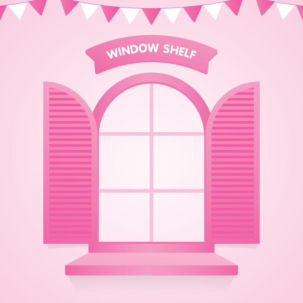 Girly rosa Fenster mit Regal und Schild auf pastellfarbenem Hintergrund 3D-Illustrationsvektor zum Setzen Ihres Objekts vektor