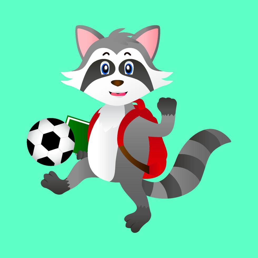 Cartoon-Tier, Vektor-fröhlicher Waschbär, der zur Schule geht und Bücher trägt, und Schultasche, die Fußball tritt, auf pastellgrünem Hintergrund vektor