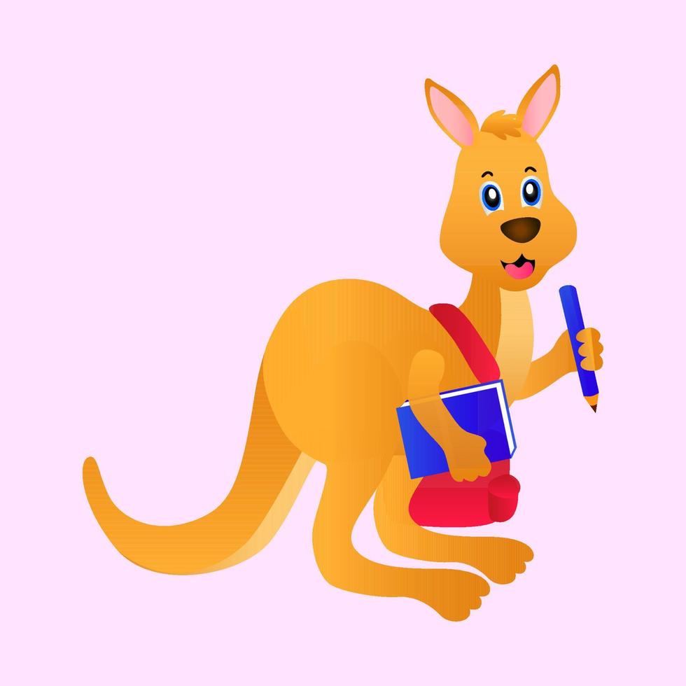 Vektor-Cartoon-Tier, Känguru mit fröhlichem Gesicht, das ein Buch, eine Tasche und einen Bleistift trägt, auf einem rosa Hintergrund, geeignet für die Illustration von Kinderbüchern, Bildung und mehr vektor