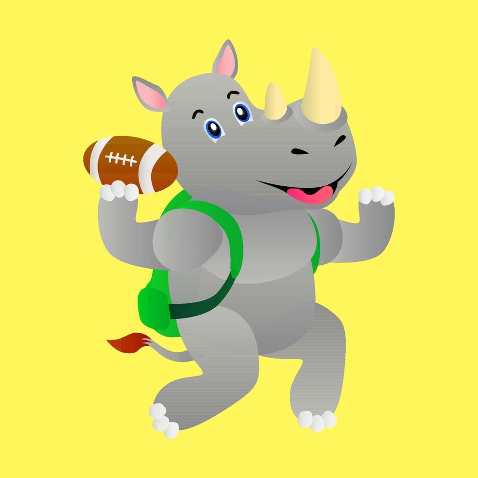 Vektorzeichentricktier, Nashorn mit fröhlichem Gesicht, das einen Fußballball und ein Buch trägt, auf hellgelbem Hintergrund, geeignet zur Illustration von Kinderbüchern, Bildung und mehr vektor