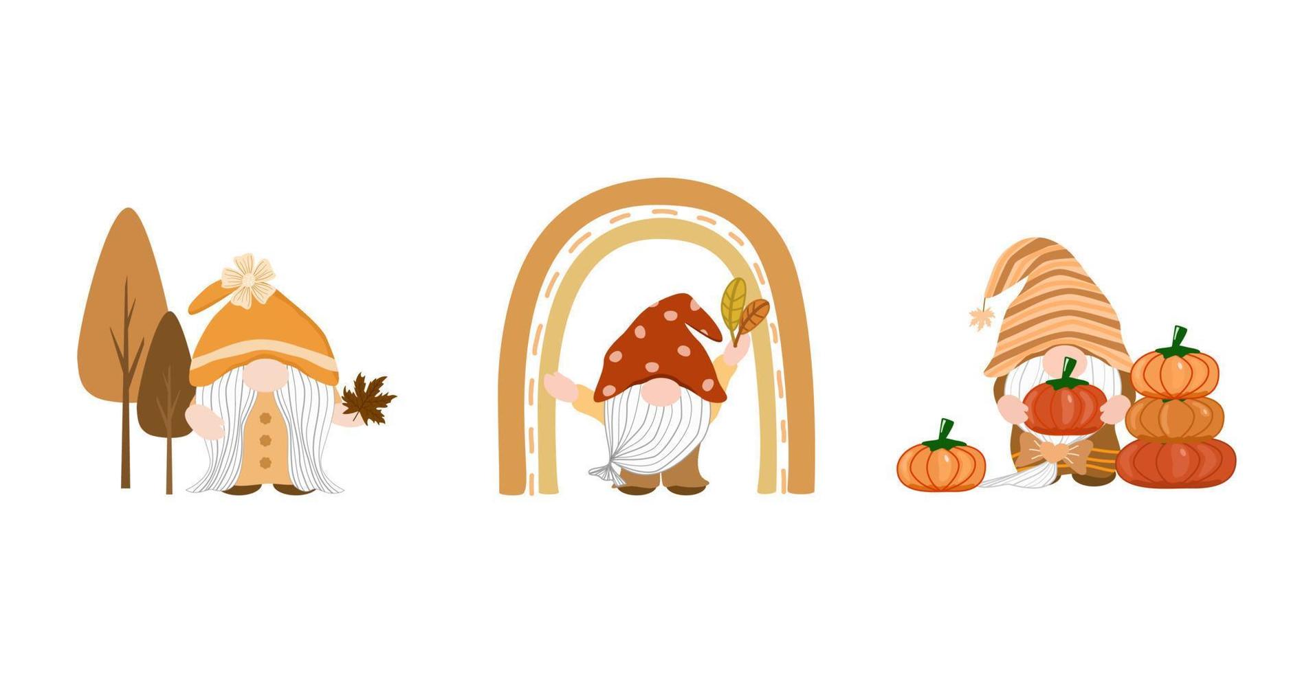 Vektor - niedlicher Satz Gnome, der Kürbis, Ahornblätter hält. Herbstsaison. kann verwendet werden, um jede Karte, Aufkleber, Druck, Web zu dekorieren.