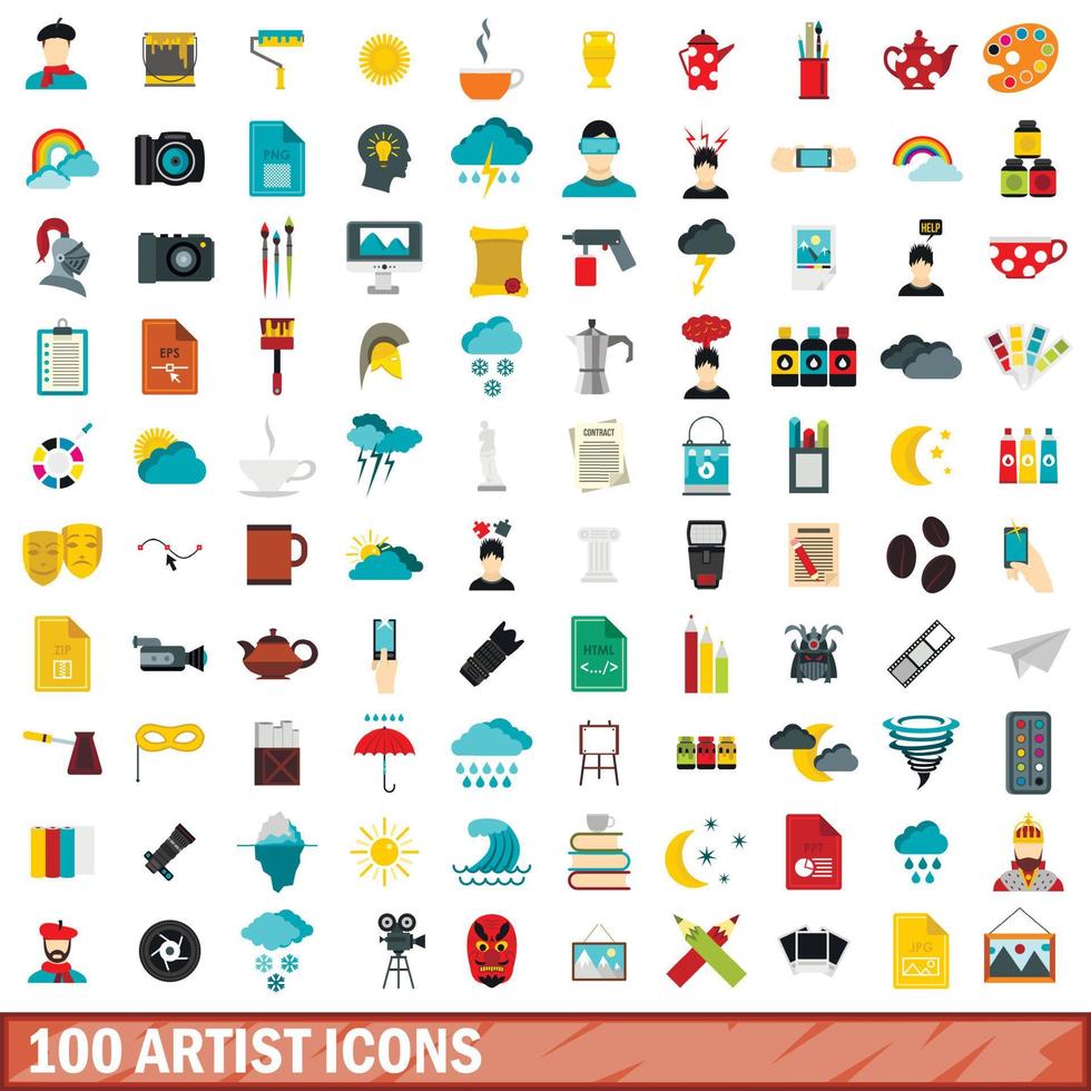 100 Künstler-Icons gesetzt, flacher Stil vektor