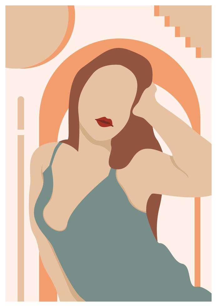 sexig kvinna affisch exotisk tropisk krukväxt i antika vaser. kvinna illustration för affisch, banderoll, plakat, print, duk i jordfärg. vektor