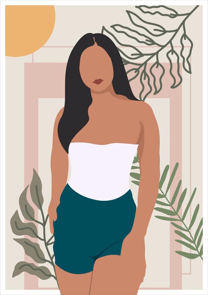 sexig kvinna affisch exotisk tropisk krukväxt i antika vaser. kvinna illustration för affisch, banderoll, plakat, print, duk i jordfärg. vektor