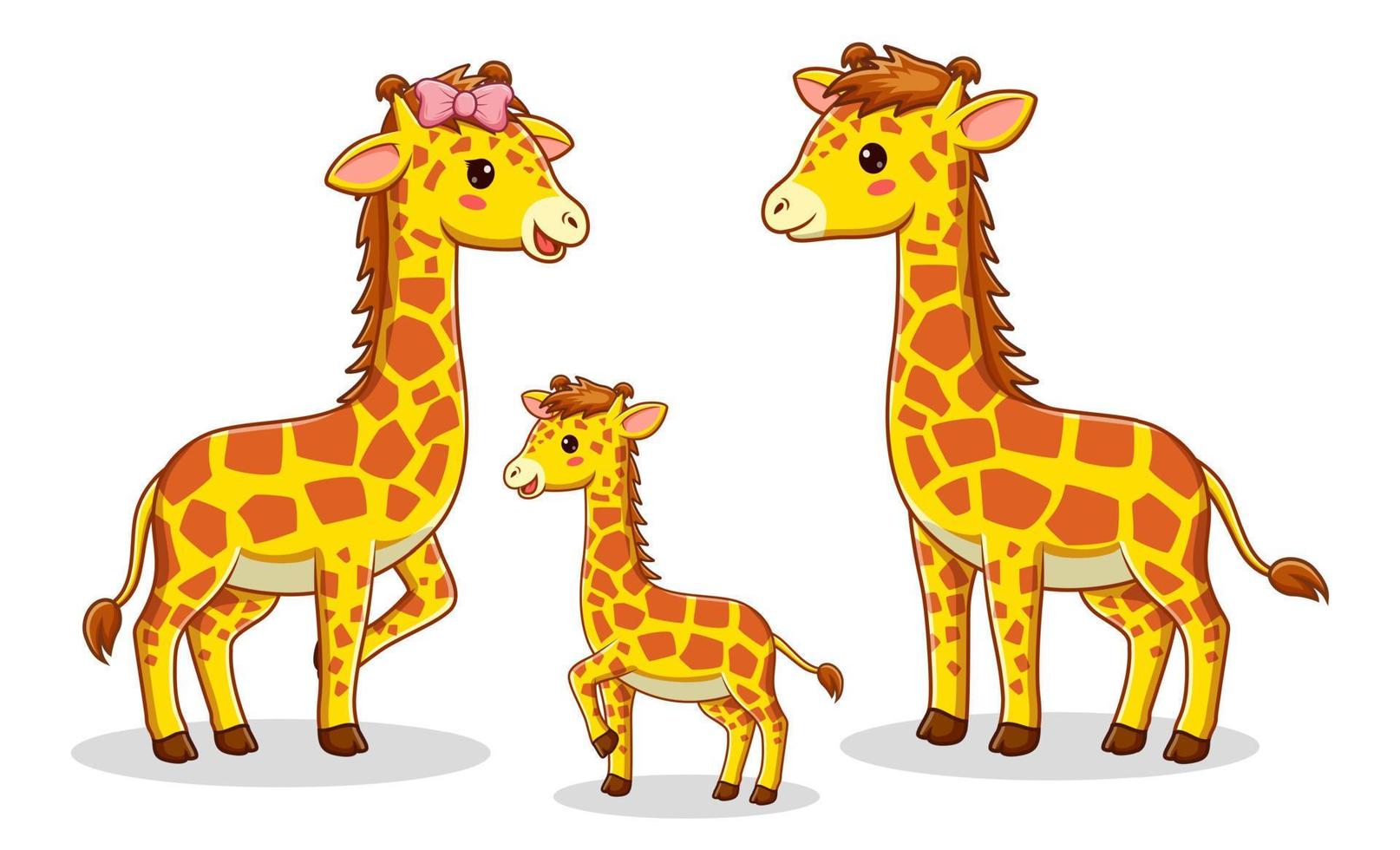 giraff familj tecknad serie, giraff maskot seriefigur. djur ikon koncept vit isolerade. platt tecknad stil lämplig för webbmålsida, banner, flyer, klistermärke, kort vektor