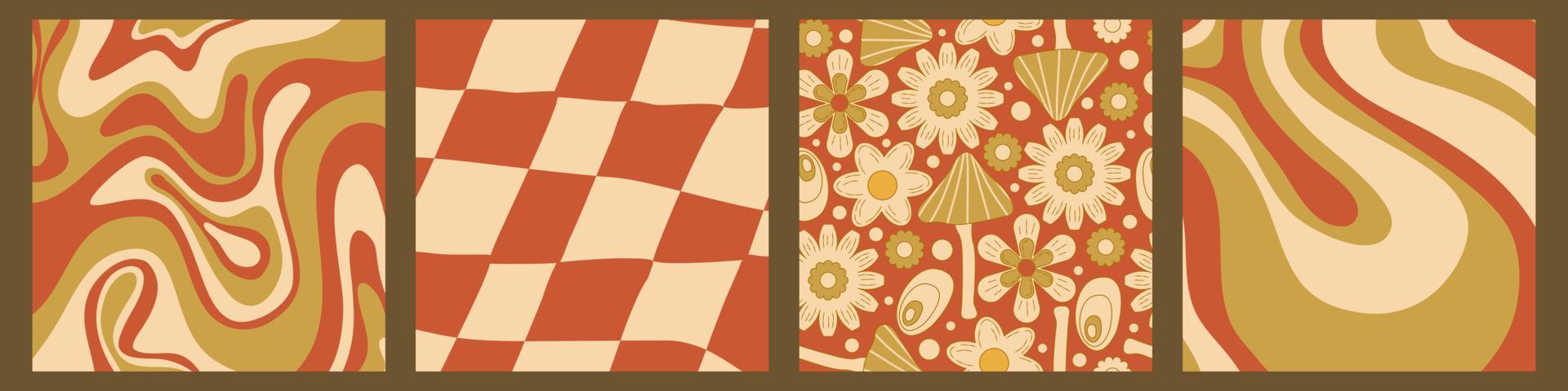 grooviger y2k-retro-hintergrund mit blume, schachbrett und strudelhintergrund der 70er jahre. Gänseblümchen-Blumen-Design. abstrakter trendiger bunter Druck. Vektor-Illustration-Grafik. Vintage-Druck. psychedelische Tapete. vektor