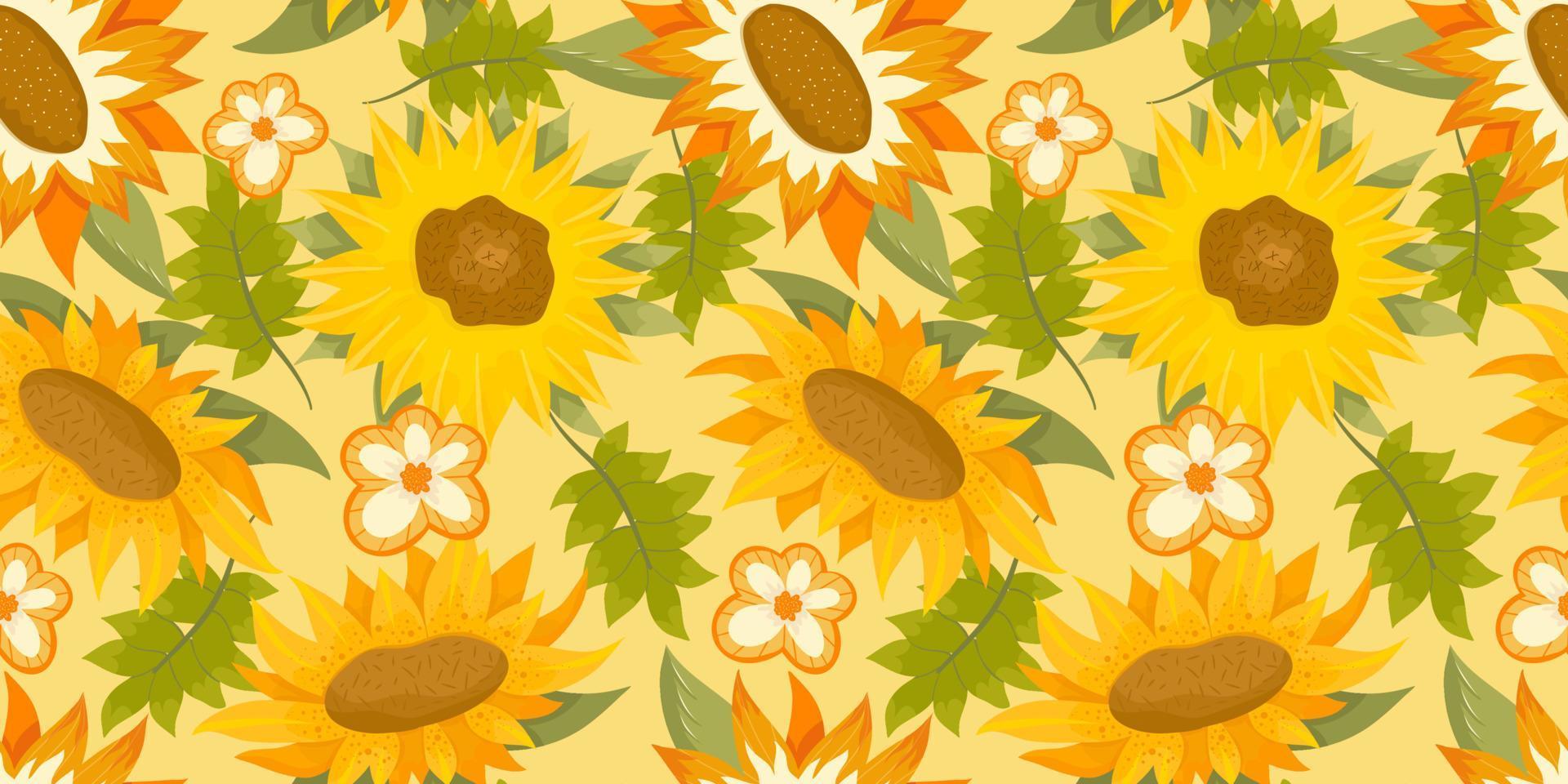 solros seamless mönster med blomma, blad. tecknad gul illustration. sömlösa blommönster. sommar ljus blommig design. vektor illustration