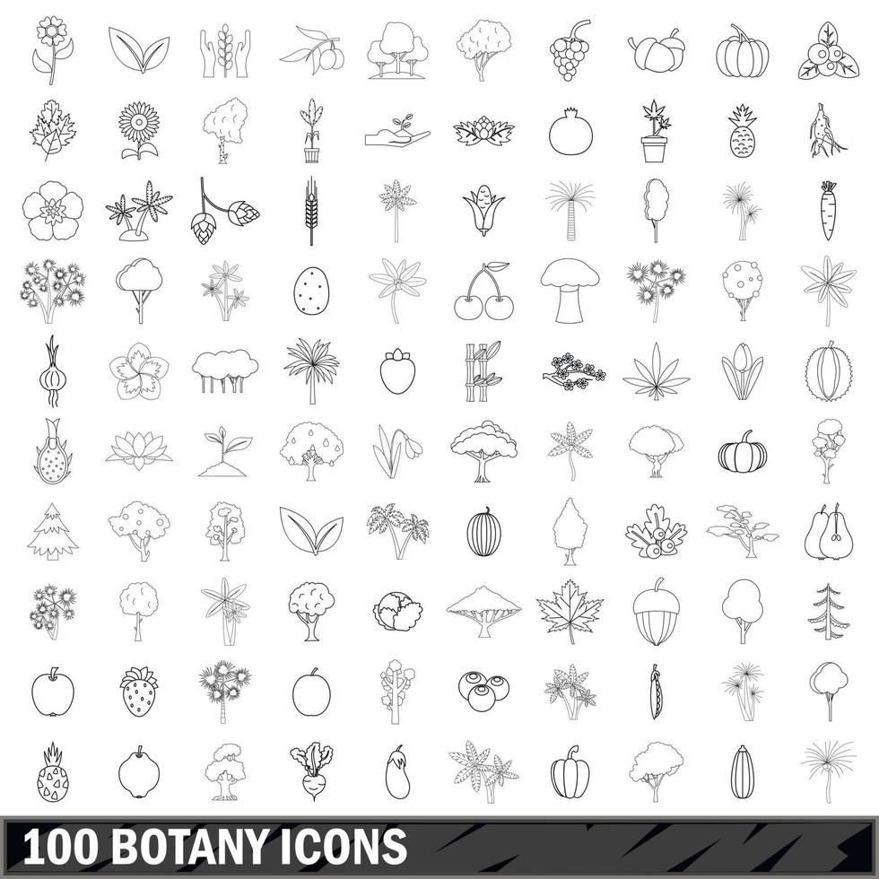 100 Botanik-Icons gesetzt, Umrissstil vektor