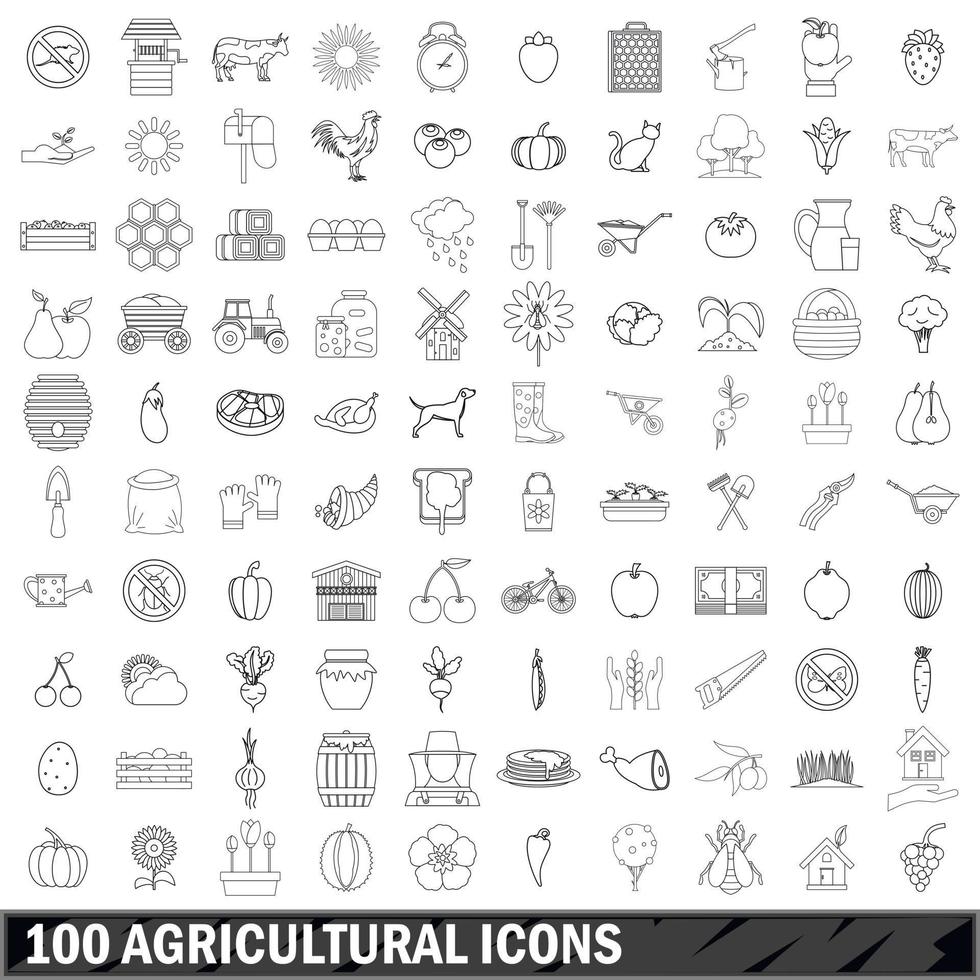 100 landwirtschaftliche Symbole gesetzt, Umrissstil vektor