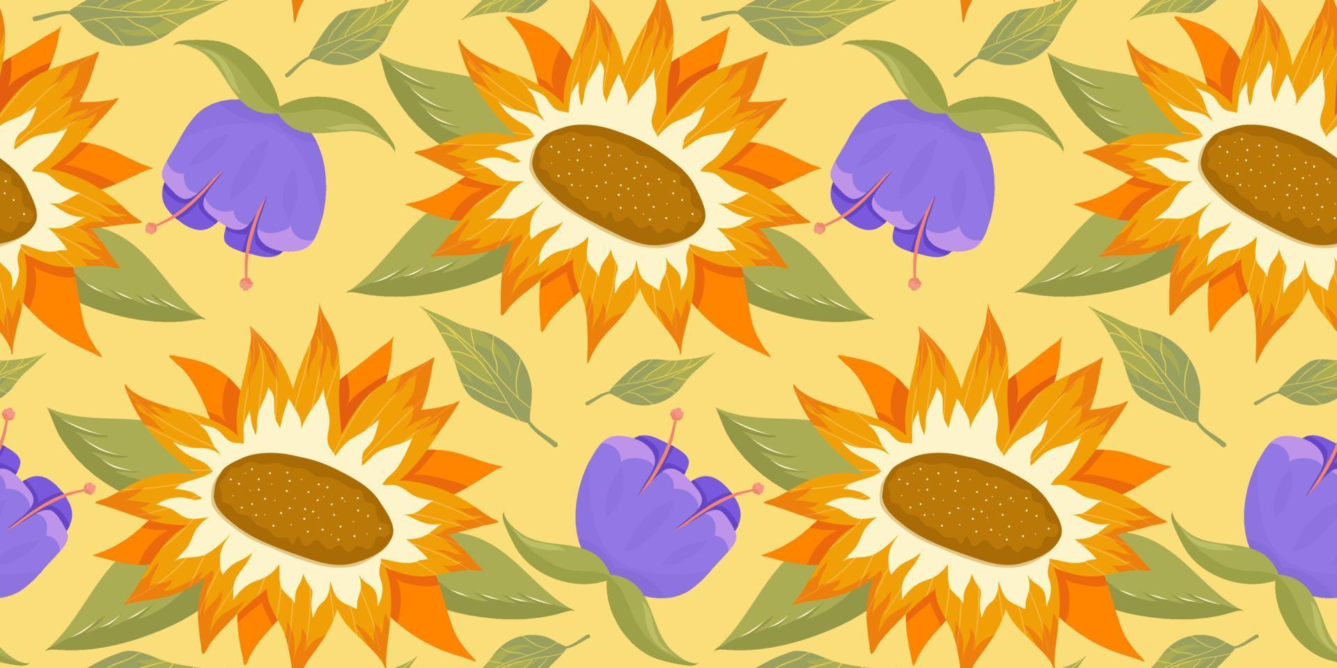 solros seamless mönster med blomma, blad. tecknad gul illustration. sömlösa blommönster. sommar ljus blommig design. vektor illustration