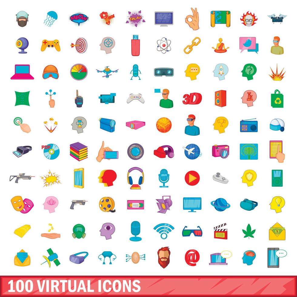 100 virtuella ikoner set, tecknad stil vektor