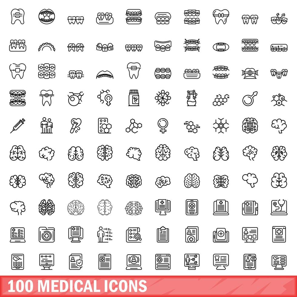 100 medicinska ikoner set, konturstil vektor