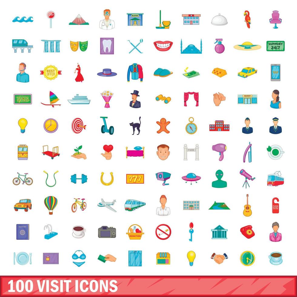 100 besök ikoner set, tecknad stil vektor