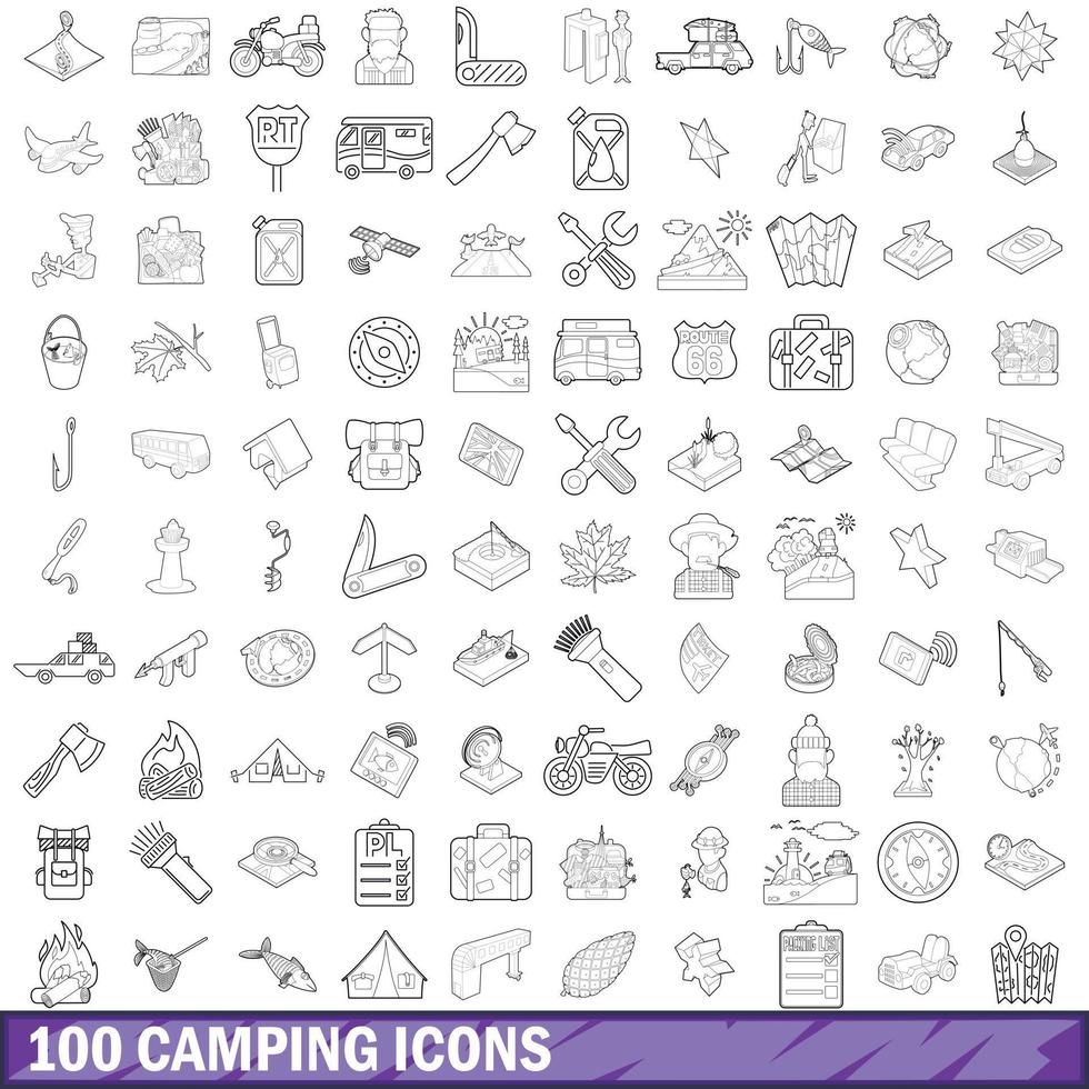 100 camping ikoner set, kontur stil vektor