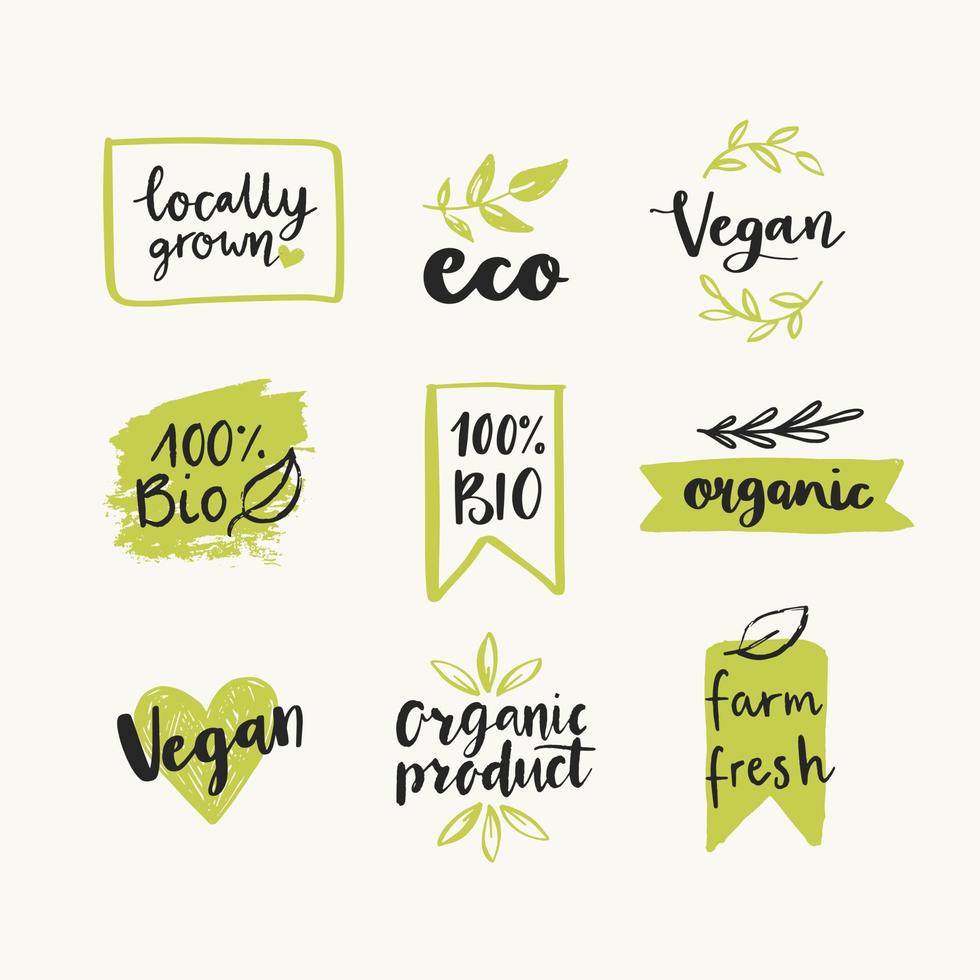 hand gezeichneter satz von organischen, öko-, bio-, natürlichen, glutenfreien, veganen lebensmitteletiketten und vektordesignelementen. Vektor-Logo-Vorlagen für gesunde Lebensmittel für Lebensmittelmarkt, Restaurant, Verpackung, E-Commerce. vektor