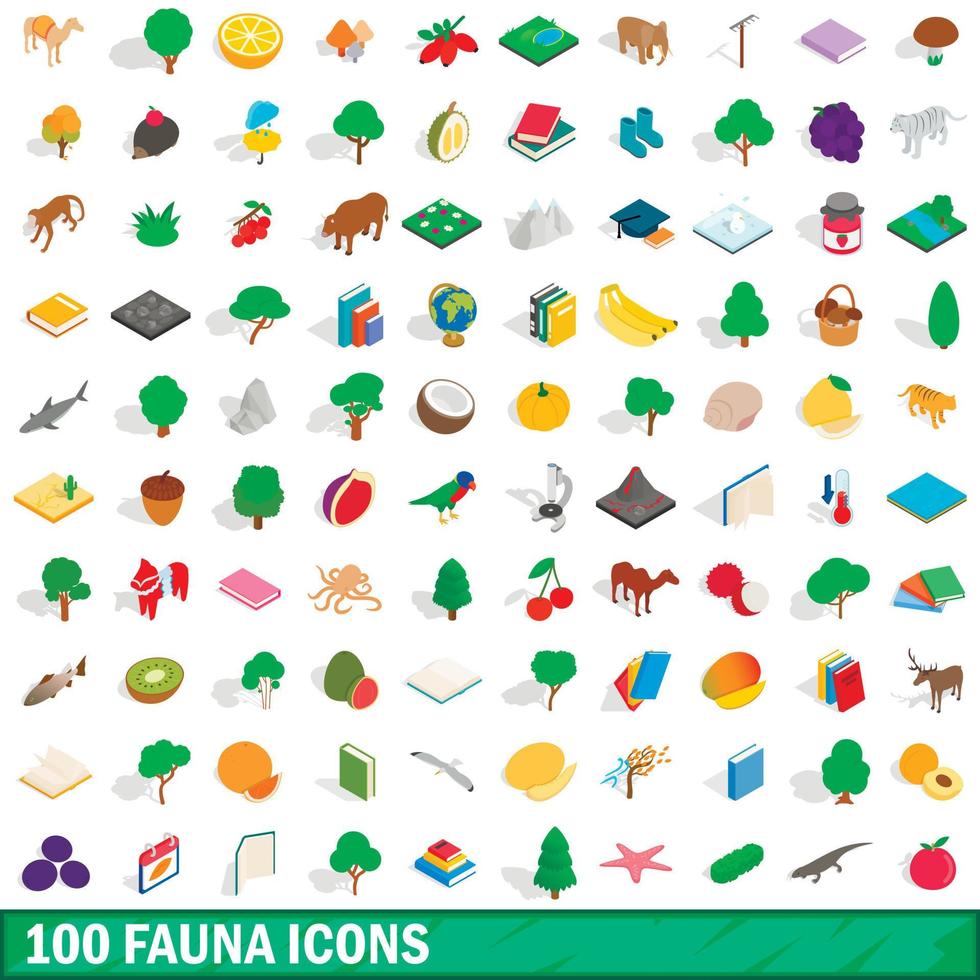 100 Fauna-Icons gesetzt, isometrischer 3D-Stil vektor