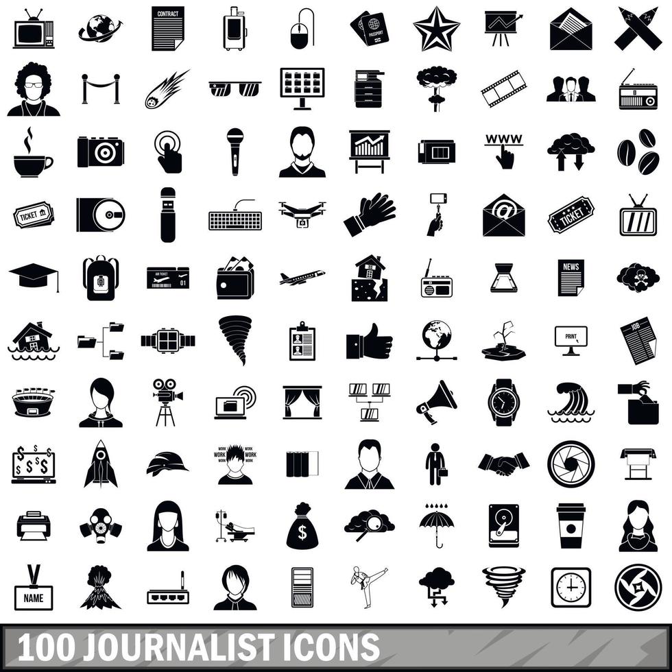 100 journalistikoner set, enkel stil vektor