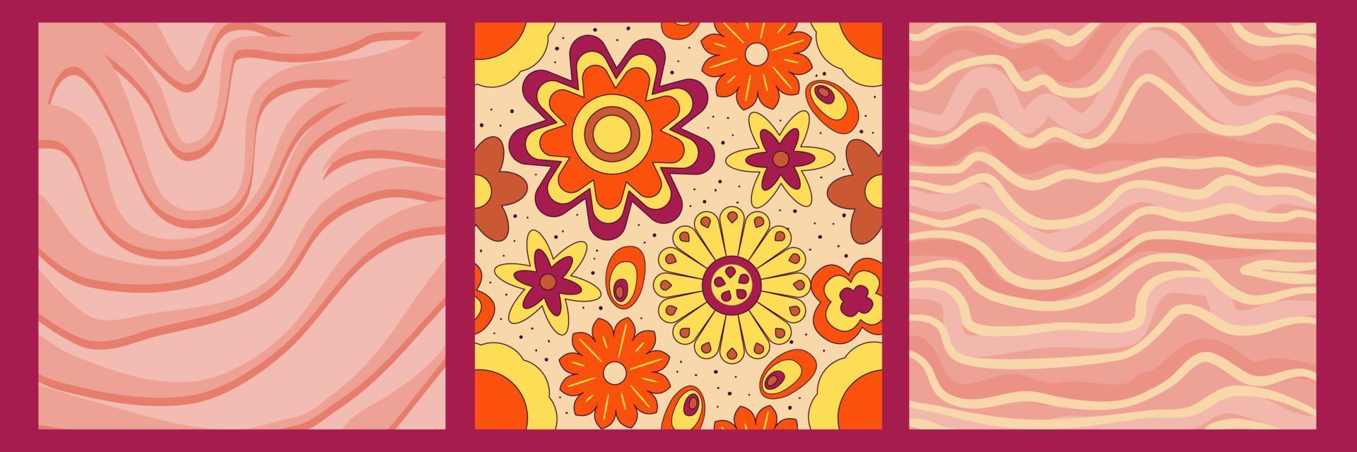 grooviges y2k-retro-muster mit blumen- und strudelhintergrund der 70er jahre. Gänseblümchen-Blumen-Design. abstrakter trendiger bunter Druck. Vektor-Illustration-Grafik. Vintage-Druck. psychedelische Tapete vektor