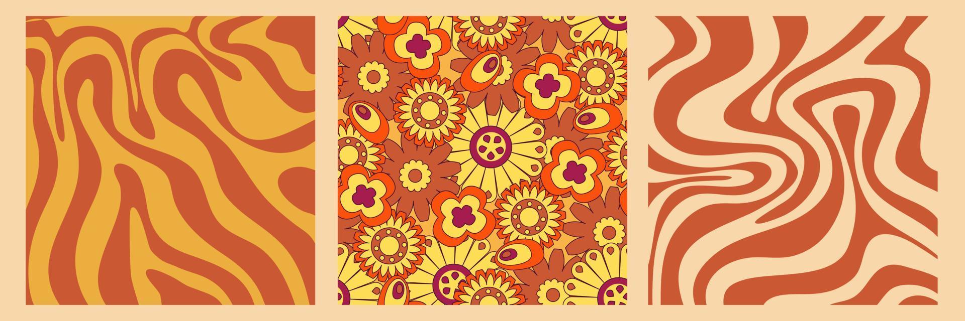 grooviges y2k-retro-muster mit blumen- und strudelhintergrund der 70er jahre. Gänseblümchen-Blumen-Design. abstrakter trendiger bunter Druck. Vektor-Illustration-Grafik. Vintage-Druck. psychedelische Tapete. vektor