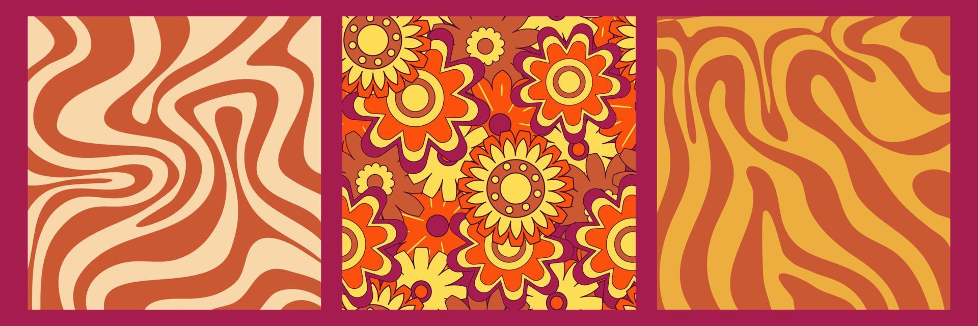 grooviges y2k-retro-muster mit blumen- und strudelhintergrund der 70er jahre. Gänseblümchen-Blumen-Design. abstrakter trendiger bunter Druck. Vektor-Illustration-Grafik. Vintage-Druck. psychedelische Tapete vektor