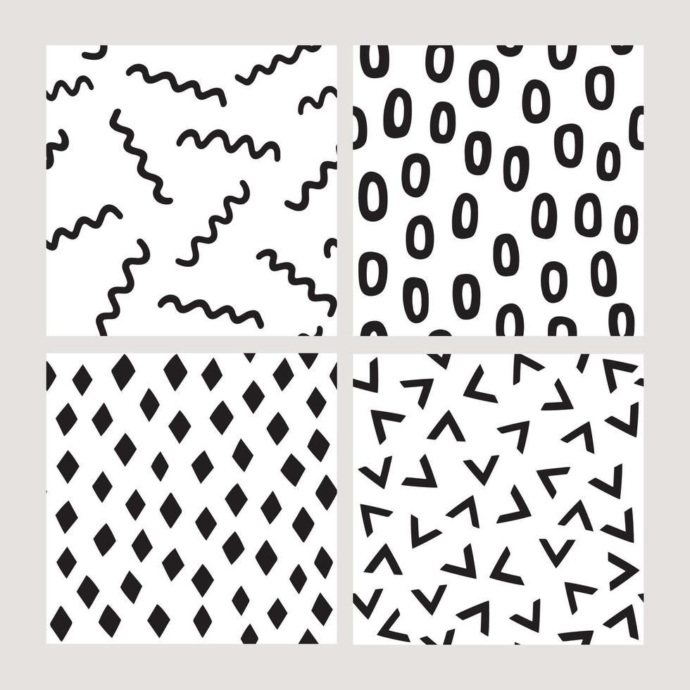 Vektor nahtlose Muster Set inspiriert vom Memphis-Stil. hand gezeichnete abstrakte geometrische hintergründe. trendige Texturen mit Linien, Zickzack, Raute, Dreieck, ovaler Ring.