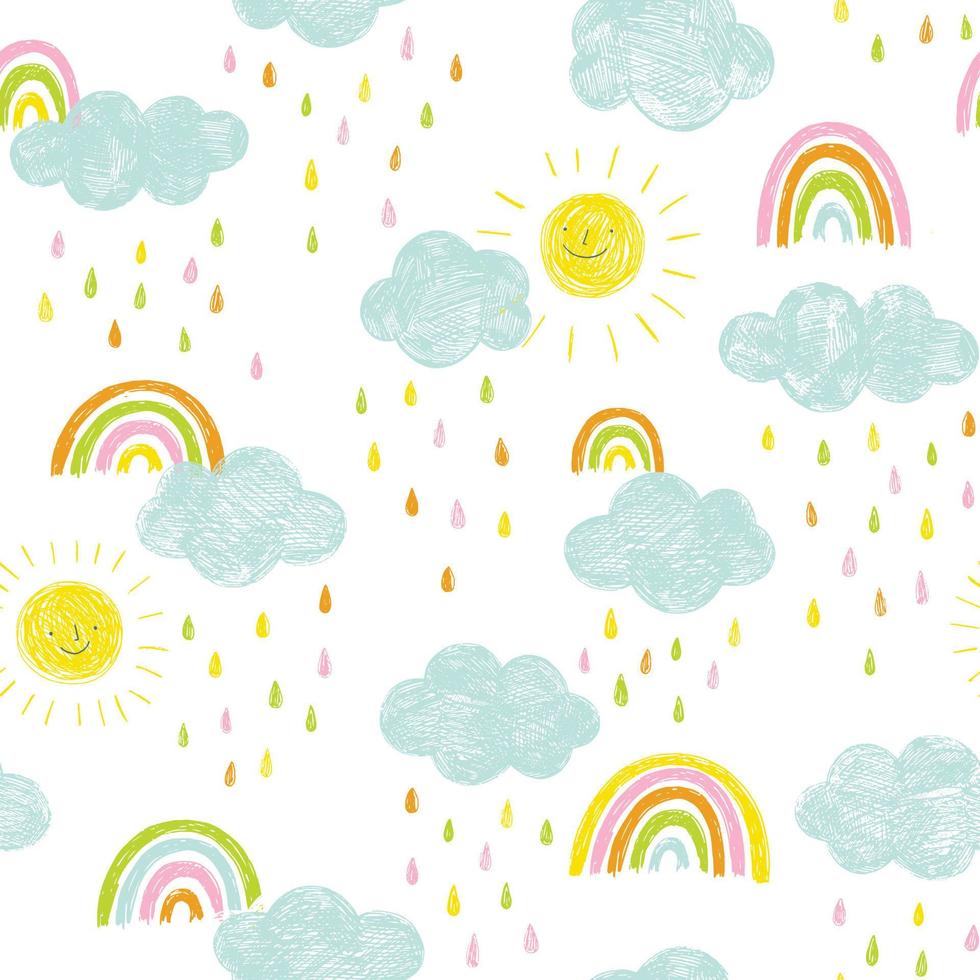 doodle barn mönster med moln, regndroppar och regnbågar. söt handritad sömlös bakgrund i blått, rosa, gult och orange. vektor