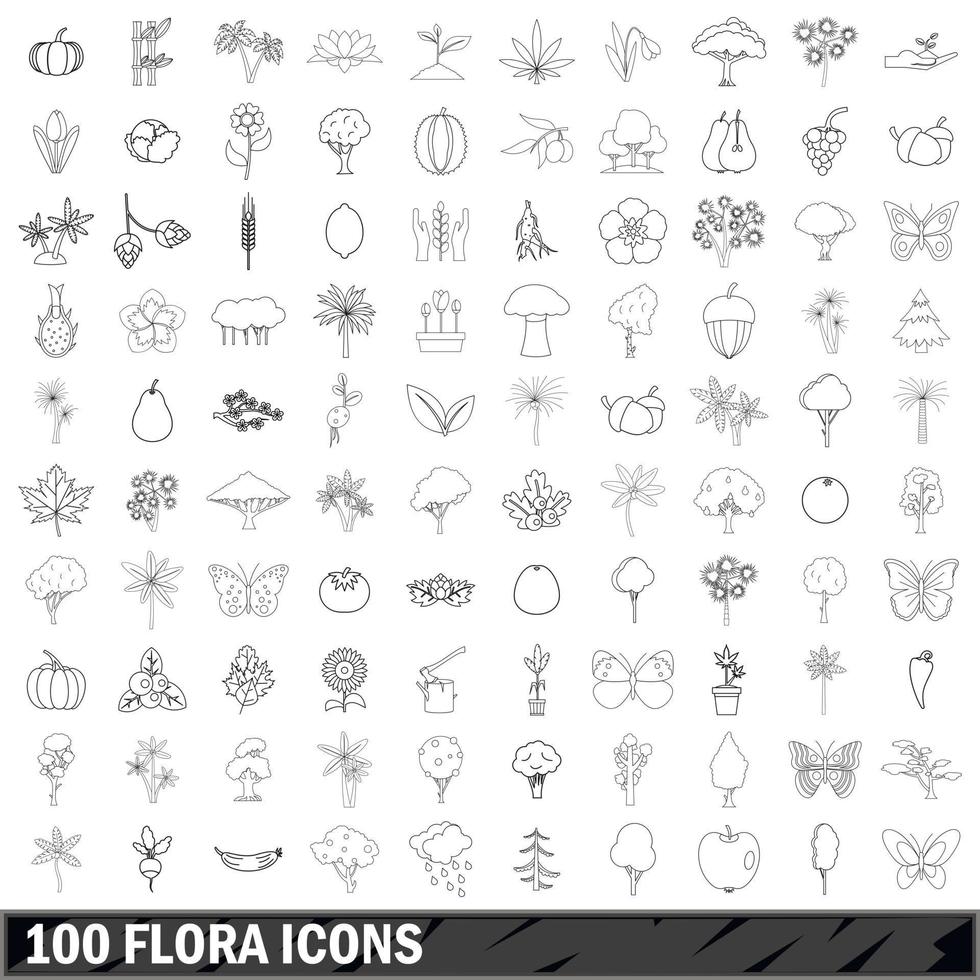 100 Flora-Icons gesetzt, Umrissstil vektor