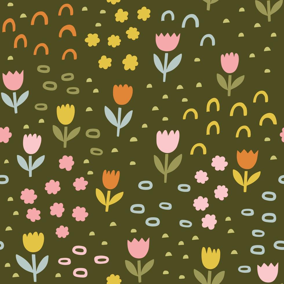 florale abstrakte Vektormuster. Blumen und geometrische Gekritzelformen entspringen nahtloser Hintergrund. Vintage Retro-Farben. vektor