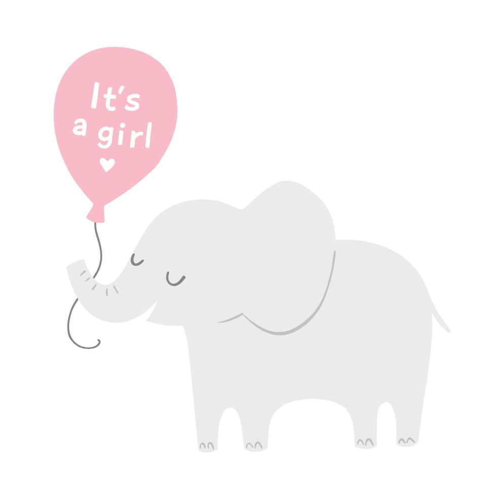 söt elefant med en rosa ballong för baby showerinbjudningar eller affischer. det är en flicka. vektor illustration.