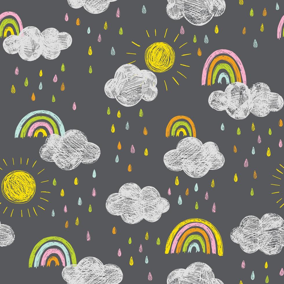 süßes doodle-vektormuster mit regenbögen und wolken. Himmel nahtloser Hintergrund mit handgezeichneten Wettersymbolen. Tafelstil. vektor