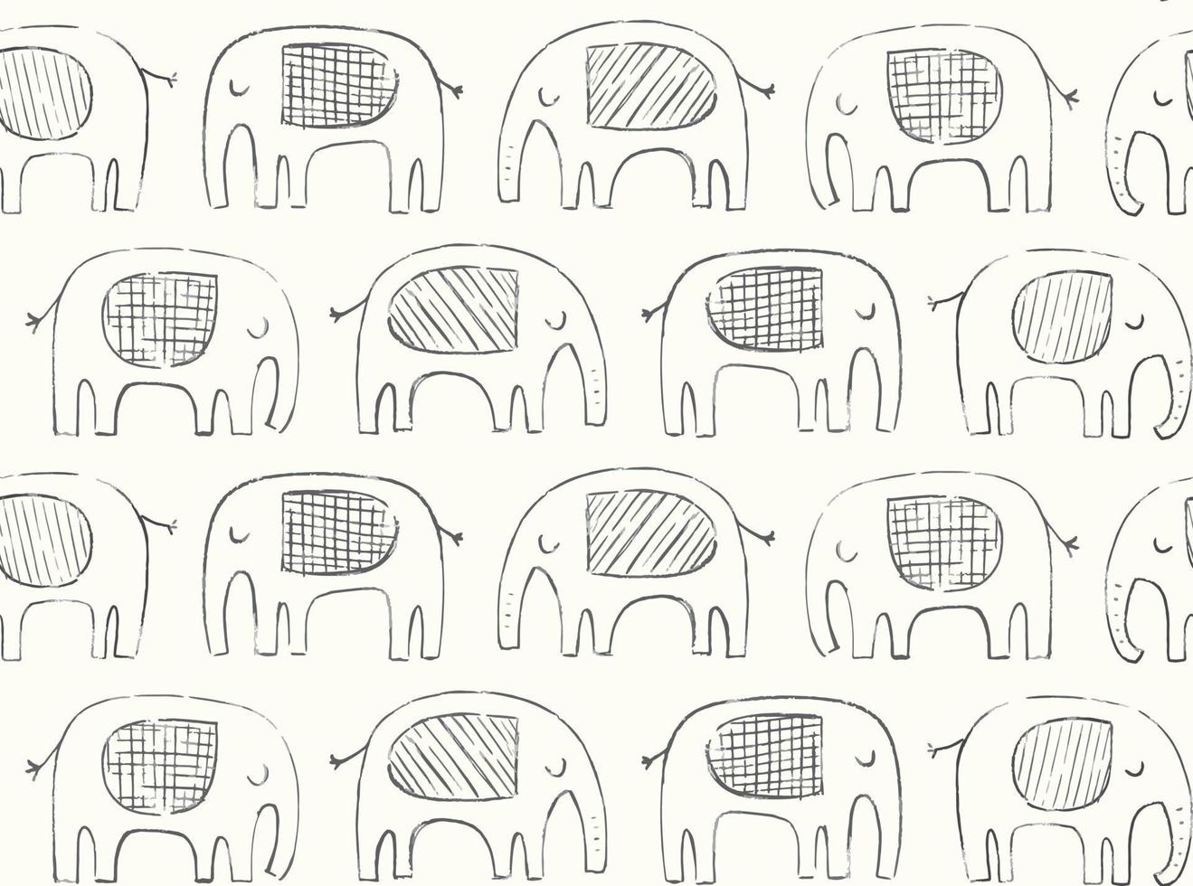 handgezeichnetes elefantenmuster. Doodle Elefant Silhouette Strichzeichnung. Vektor nahtloser Hintergrund in Schwarz und Elfenbein.