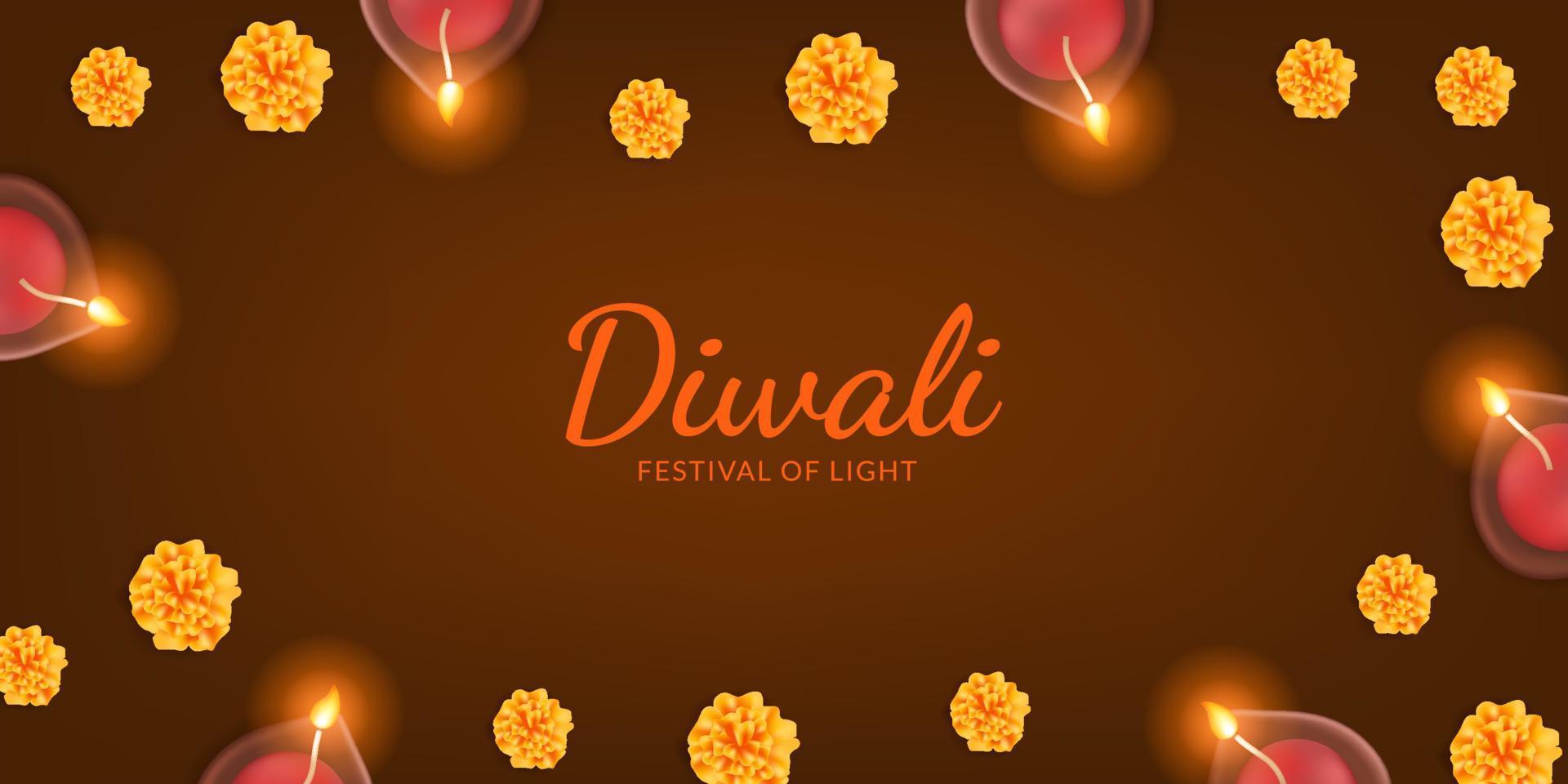 glad diwali. oljelampa ljus med ringblomma blomma på den mörka bakgrunden för gratulationskort mall vektor