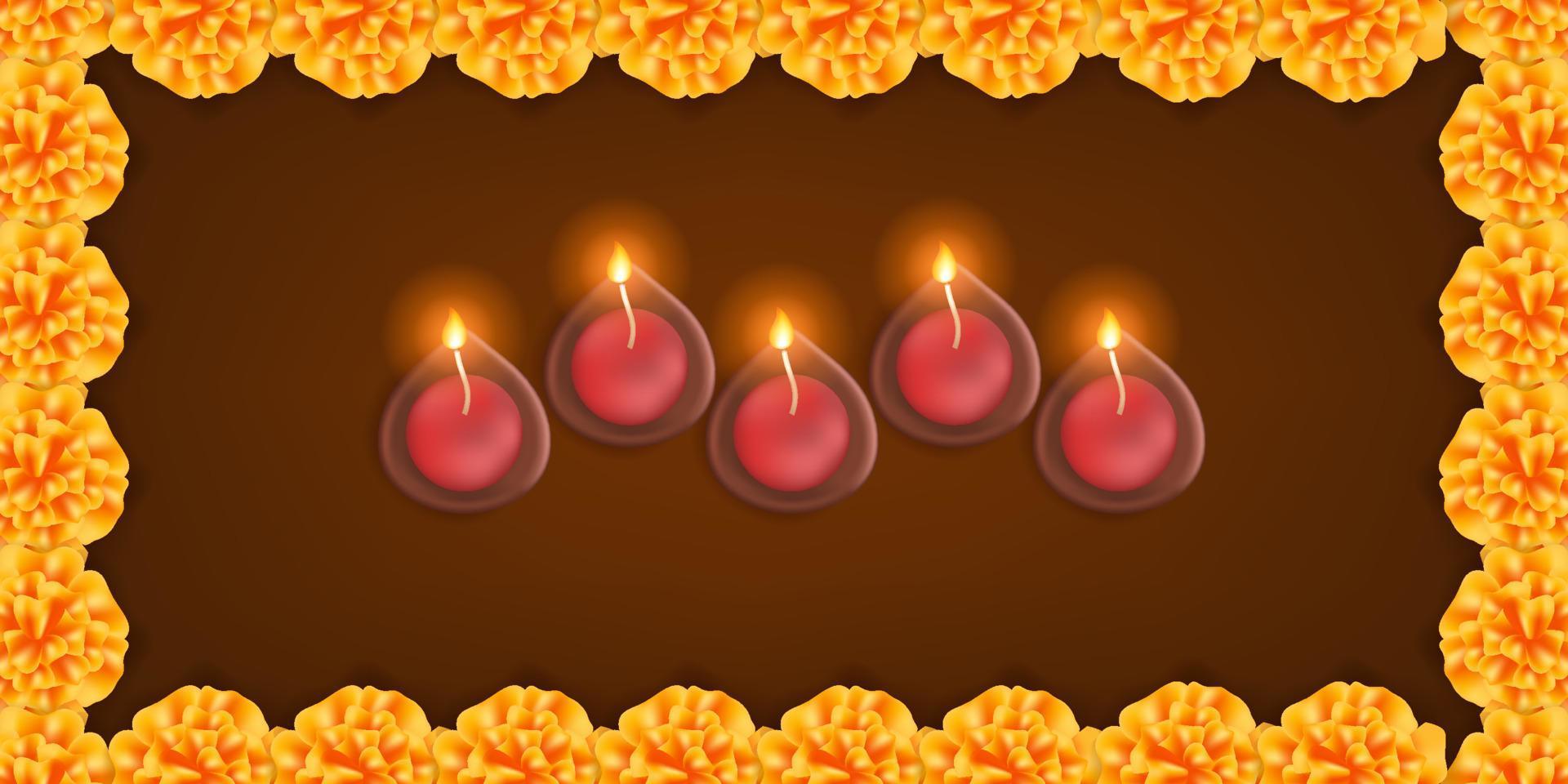 Frohes Diwali. Öllampenkerze mit Ringelblumenblumenrahmen auf dem dunklen Hintergrund für Grußkartenschablone vektor