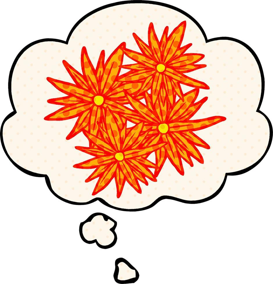 tecknade ljusa blommor och tankebubbla i serietidningsstil vektor