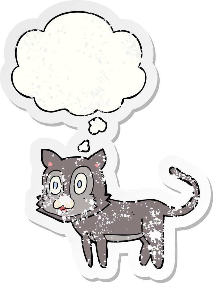 Fröhliche Cartoon-Katze und Gedankenblase als beunruhigter, abgenutzter Aufkleber vektor
