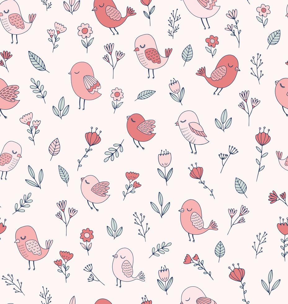söt handritad blommig fågelmönster. feminin doodle vektor sömlös bakgrund med blommor och roliga fåglar.