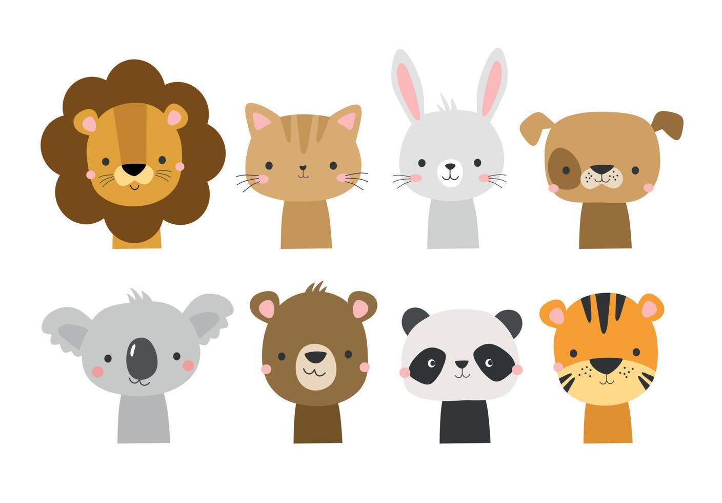 söta djur ansikten i tecknad handritad stil. vektor karaktär illustration för baby, barn kort, affisch, inbjudan, kläder, barnkammare inredning. koala, lejon, hund, kanin, björn, panda, tiger, katt.