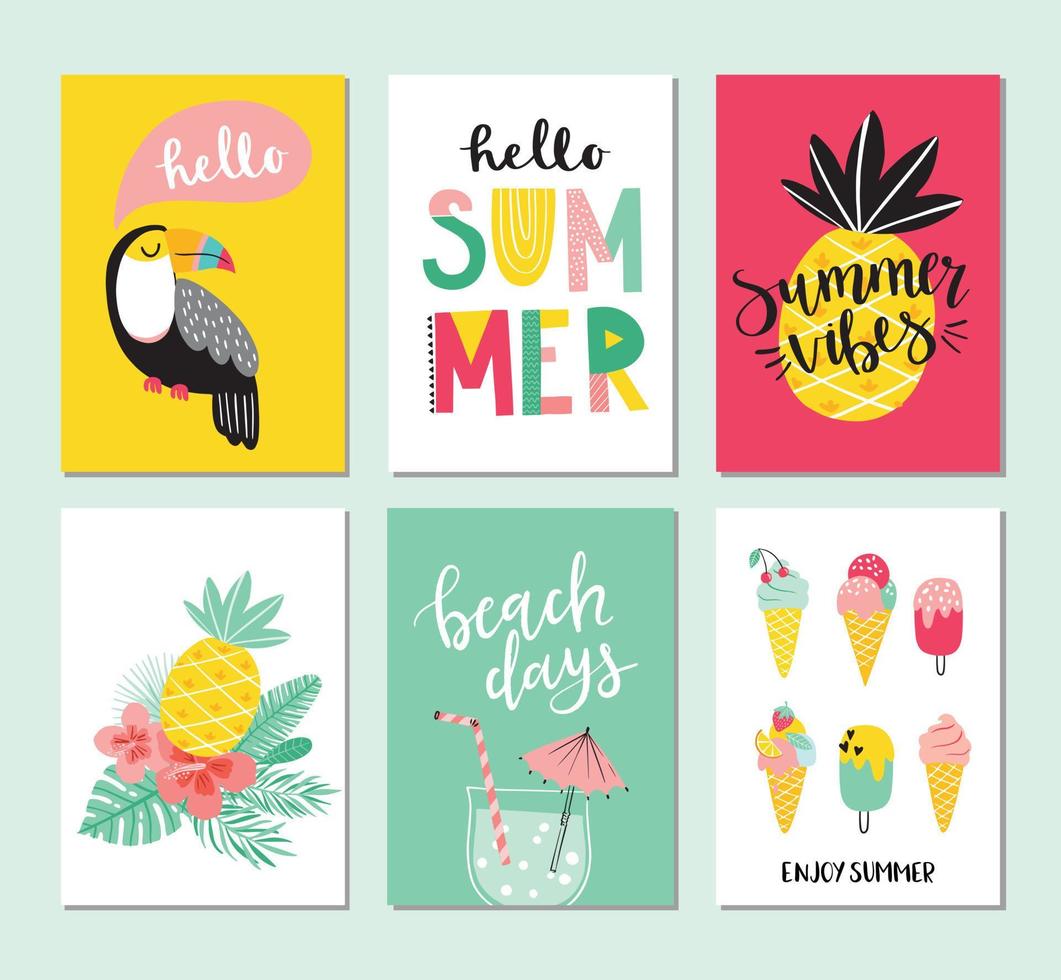 eine reihe süßer sommerkarten und poster mit handgezeichneten typografiewörtern. Sommerstimmung, Hallo Sommer, Strandtage, Ananas, Eis, Tukan, Palmblätter. vektor