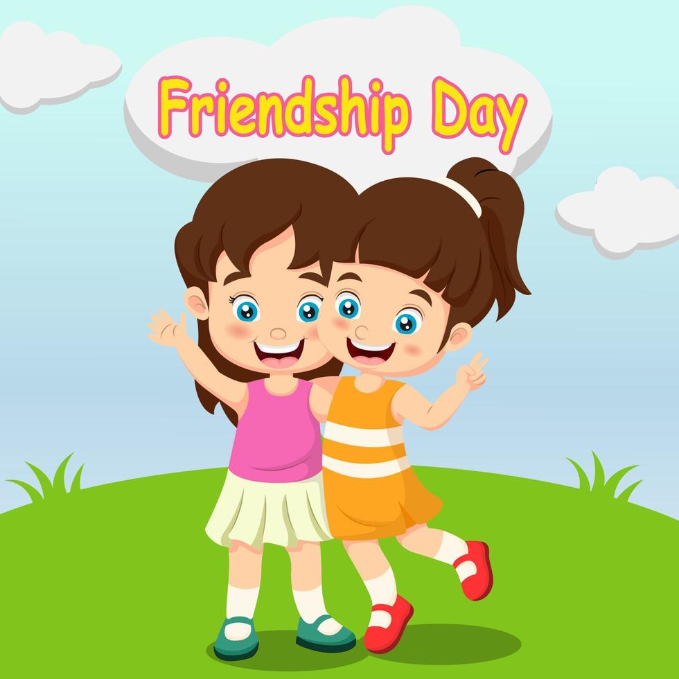 glad vänskapsdag. glada två flickor tecknad i gräset vektor