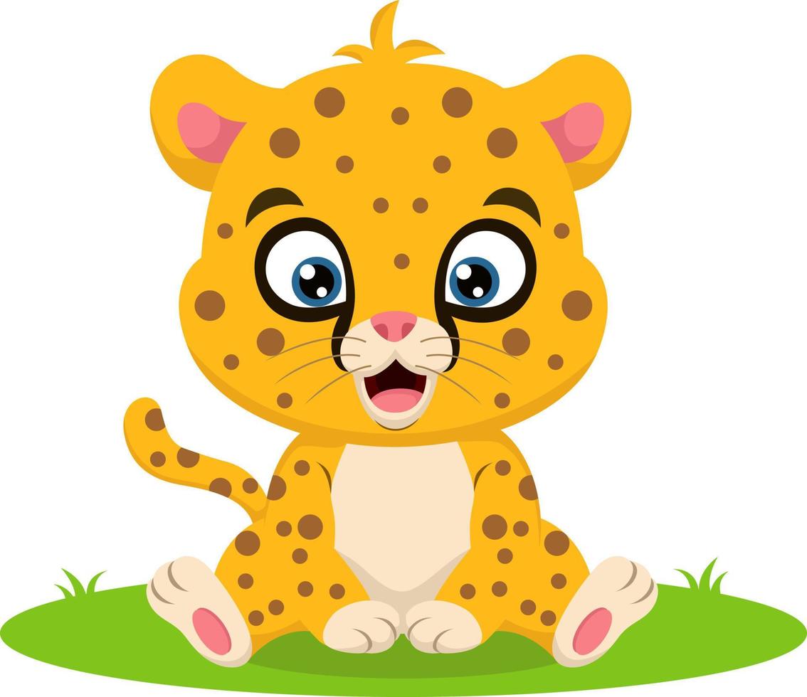 niedlicher kleiner leopardenkarikatur, der im gras sitzt vektor