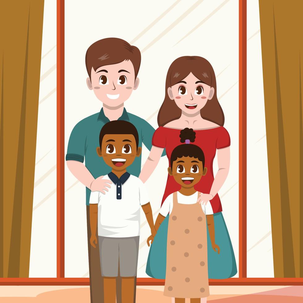 Familienfoto von weißen Eltern und schwarzhäutigen Kindern vektor